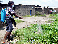 A Burundian Red Cross worker sprays chemicals to prevent the spread of cholera in Kamenge village near the capital Bujumbura, January 21, 2005. REUTERS/Jean Pierre Aime.