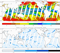 Distribution of (a) total atmospheric water vapour (mm) and (b) precipitation rate (mm per hour) over the oceans estimated from the Special Sensor Microwave Imager and Sounder (SSMIS) onboard the NOAA F17 satellite for the local morning passes on the 19th November 2009. The most intense rainfall is associated with tropical convective storms (for example near to Indonesia) but sustained heavy rainfall is also associated with warm, moist flows of air often referred to as moisture conveyor belts or atmospheric rivers in the middle latitudes (for example the tongue of moist air extending up towards Ireland and the UK which resulted in intense rainfall and flooding in Cumbria in the North West of England).