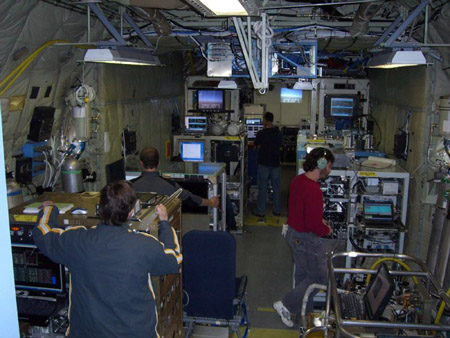 Inside of the NCAR/NSF C-130 research aircraft during a research flight of the MILAGRO campaign around Mexico City in Spring 2006. Photo credit: Jose-Luis Jimenez.