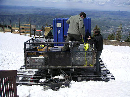 Loading the instrumentation onto a snow cat at the end of the experiment at the Storm Peak Laboratory in Steamboat Springs, CO. Photo credit: Edward Dunlea.