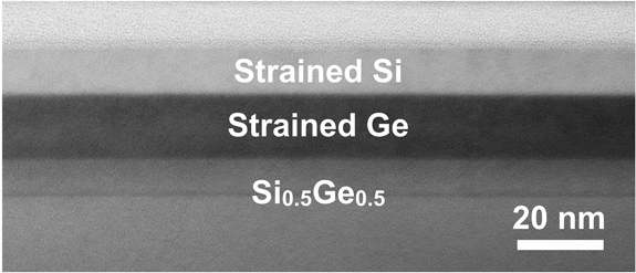 Cross-sectional transmission electron microscopy image of a very 
        high-mobility strained Si/strained Ge dual-channel heterostructure grown
        on relaxed Si0.5Ge0.5.