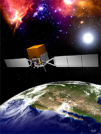 Pictorial view of the Fermi spacecraft in orbit above the Earth. 
        From the NASA, Fermi mission web site.