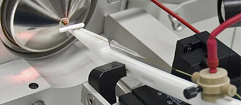 A close up of an electrospray ionization source used to analyze peptides in proteomics experiments.