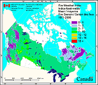 This map displays the mean Fire Weather Indices across Canada for the fire season (April through September) as calculated over a 30-year period from 1971 to 2000. Credit: © Department of Natural Resources Canada. All rights reserved.