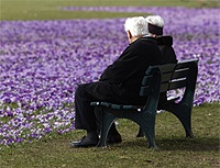 An elderly couple sit on a bench next crocus flowers in a park in 
        Duesseldorf March 17, 2010. REUTERS/Ina Fassbender.