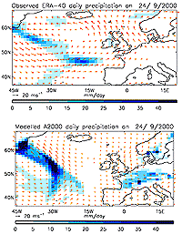 Autumn 2000 as observed (top) and as simulated in one of the wetter members of the Pall et al ensemble.